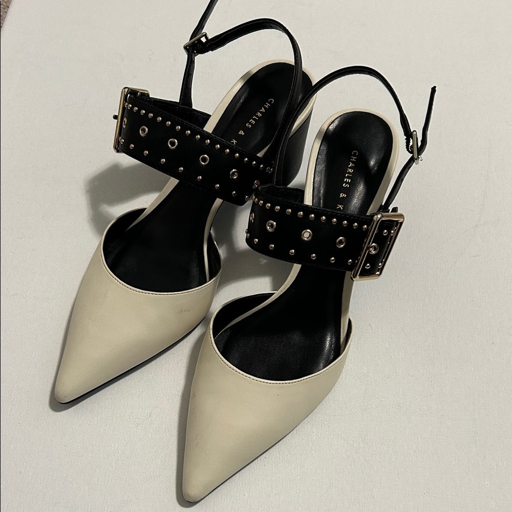 Charles & Keith Black and Cream Studded Heels